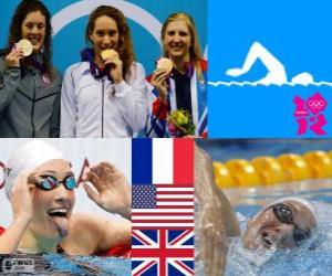 Puzzle Κολύμβηση γυναικών 400 m freestyle πόντιουμ, Camille Muffat (Γαλλία), Allison Schmitt (Ηνωμένες Πολιτείες) και Rebecca Adlington (Ηνωμένο Βασίλειο) - Λονδίνο 2012 -